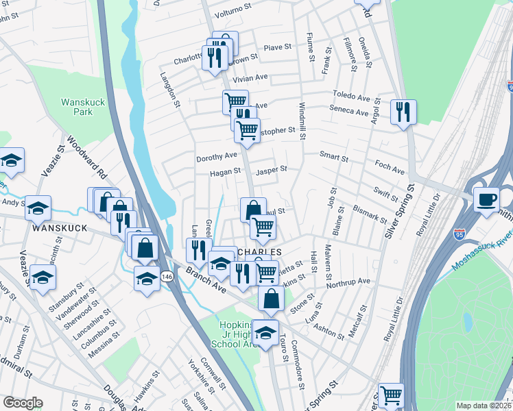 map of restaurants, bars, coffee shops, grocery stores, and more near 714 Charles Street in Providence
