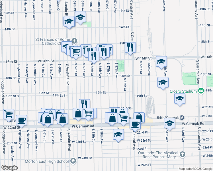 map of restaurants, bars, coffee shops, grocery stores, and more near 1810 South 57th Court in Cicero