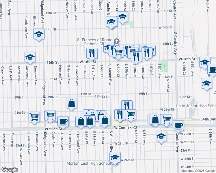 map of restaurants, bars, coffee shops, grocery stores, and more near 1808 South Austin Boulevard in Cicero
