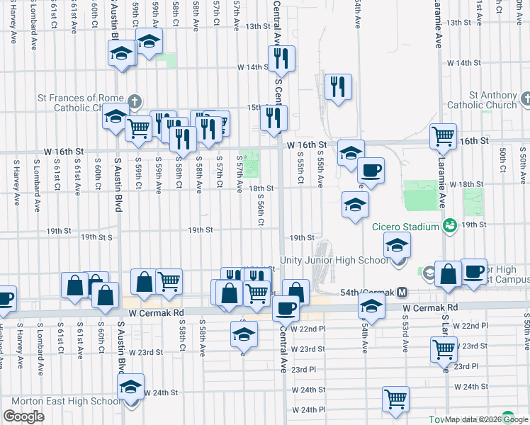 map of restaurants, bars, coffee shops, grocery stores, and more near 1831 South 56th Court in Cicero