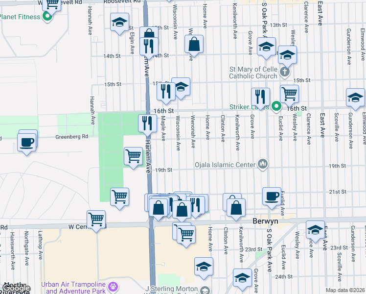 map of restaurants, bars, coffee shops, grocery stores, and more near 1647 Wisconsin Avenue in Berwyn