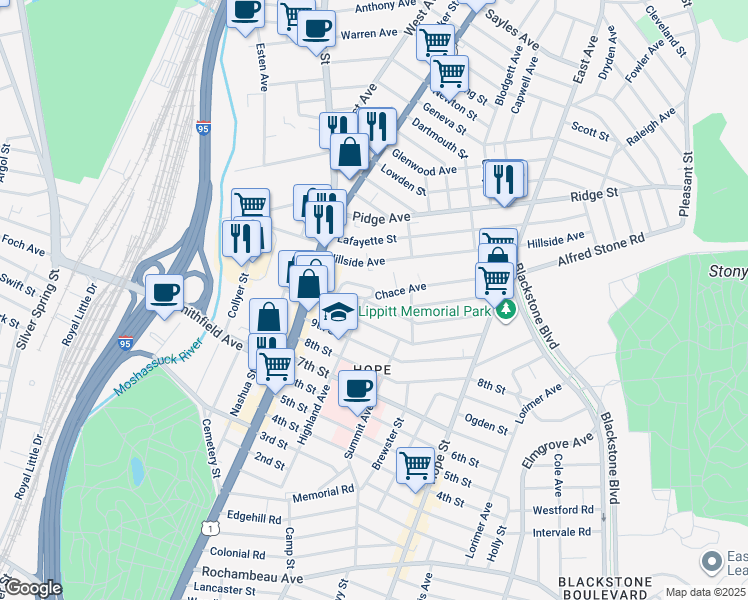 map of restaurants, bars, coffee shops, grocery stores, and more near 56 Greaton Drive in Providence