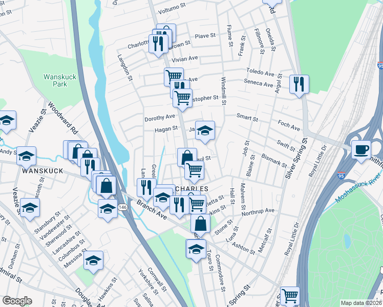 map of restaurants, bars, coffee shops, grocery stores, and more near 714 Charles Street in Providence