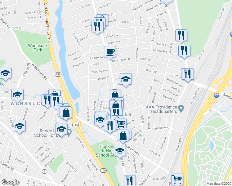 map of restaurants, bars, coffee shops, grocery stores, and more near 714 Charles Street in Providence