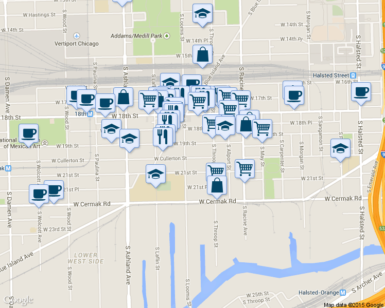map of restaurants, bars, coffee shops, grocery stores, and more near 1329 West 19th Street in Chicago