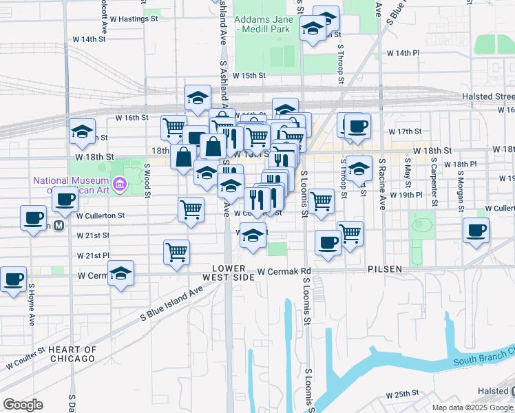 map of restaurants, bars, coffee shops, grocery stores, and more near 1519 West 19th Street in Chicago