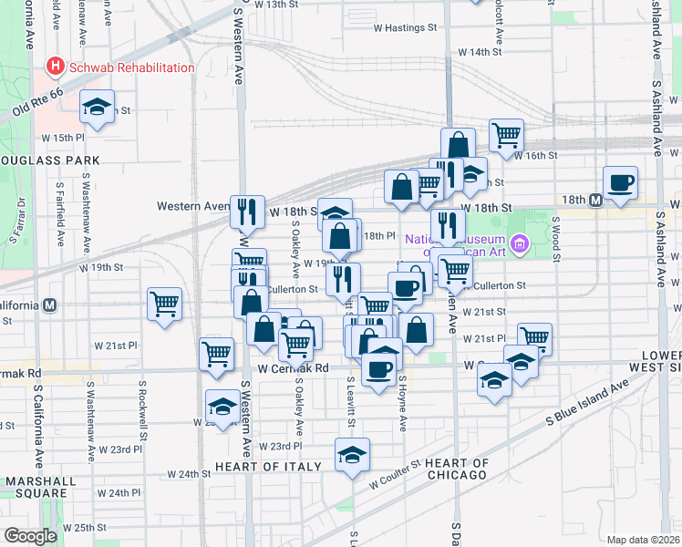 map of restaurants, bars, coffee shops, grocery stores, and more near 2200 West 19th Street in Chicago