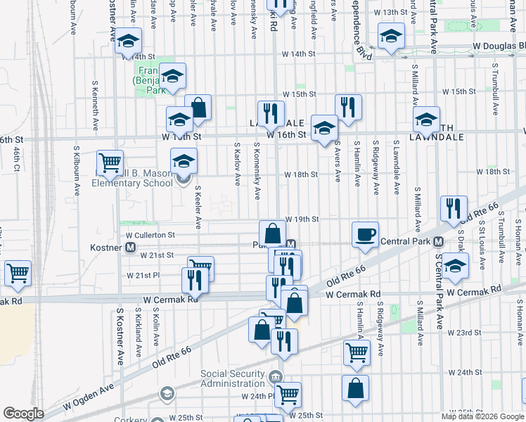 map of restaurants, bars, coffee shops, grocery stores, and more near 1829 South Komensky Avenue in Chicago