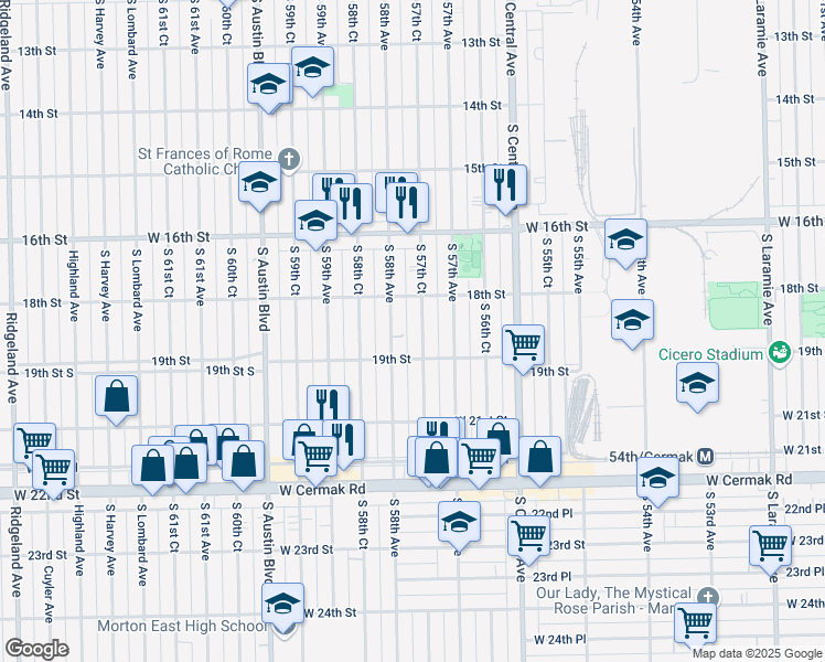 map of restaurants, bars, coffee shops, grocery stores, and more near 1810 South 57th Court in Cicero