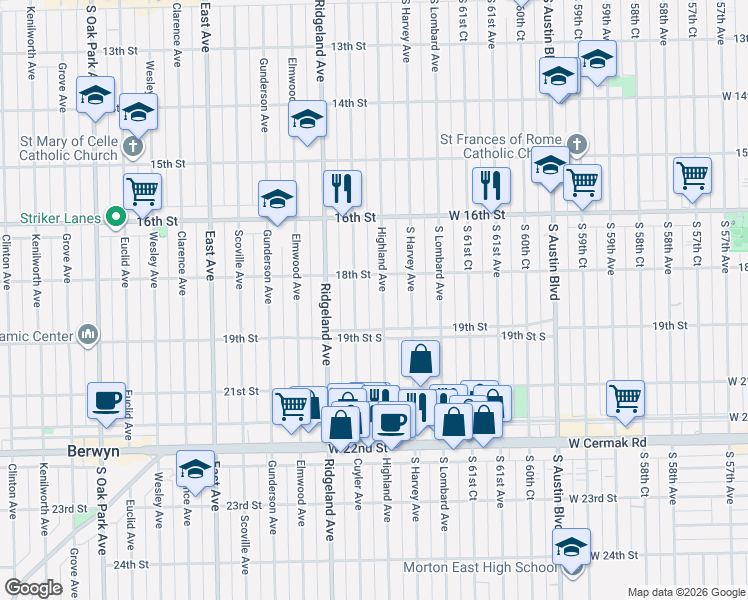 map of restaurants, bars, coffee shops, grocery stores, and more near 1804 Highland Avenue in Berwyn