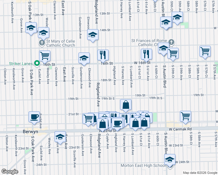 map of restaurants, bars, coffee shops, grocery stores, and more near 1804 Highland Avenue in Berwyn