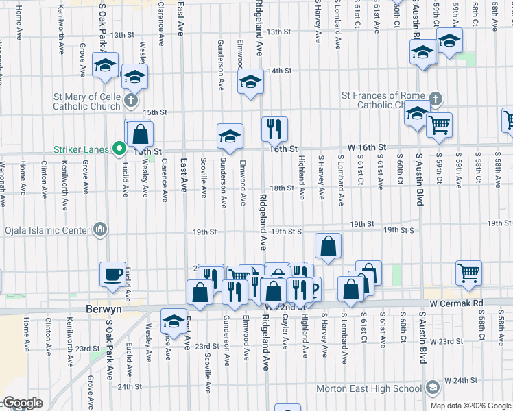 map of restaurants, bars, coffee shops, grocery stores, and more near 1801 Elmwood Avenue in Berwyn