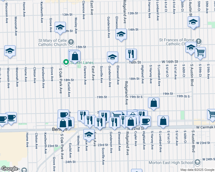 map of restaurants, bars, coffee shops, grocery stores, and more near 6446 18th Street in Berwyn