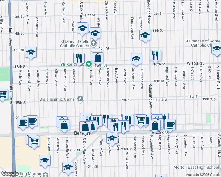 map of restaurants, bars, coffee shops, grocery stores, and more near 1800 East Avenue in Berwyn