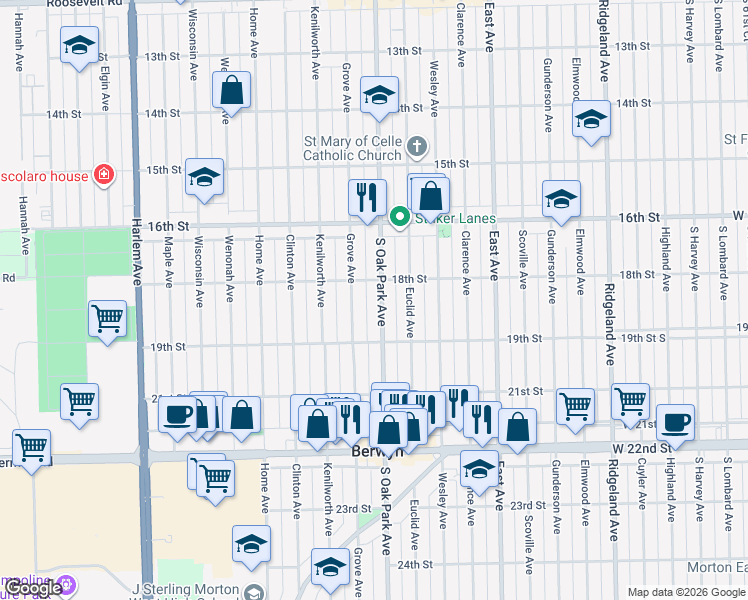 map of restaurants, bars, coffee shops, grocery stores, and more near in Berwyn