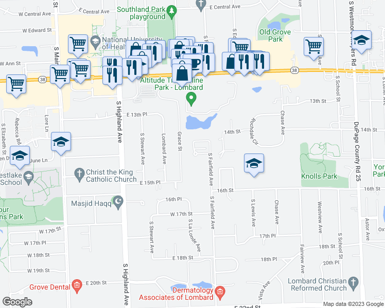map of restaurants, bars, coffee shops, grocery stores, and more near 1402 South Fairfield Avenue in Lombard