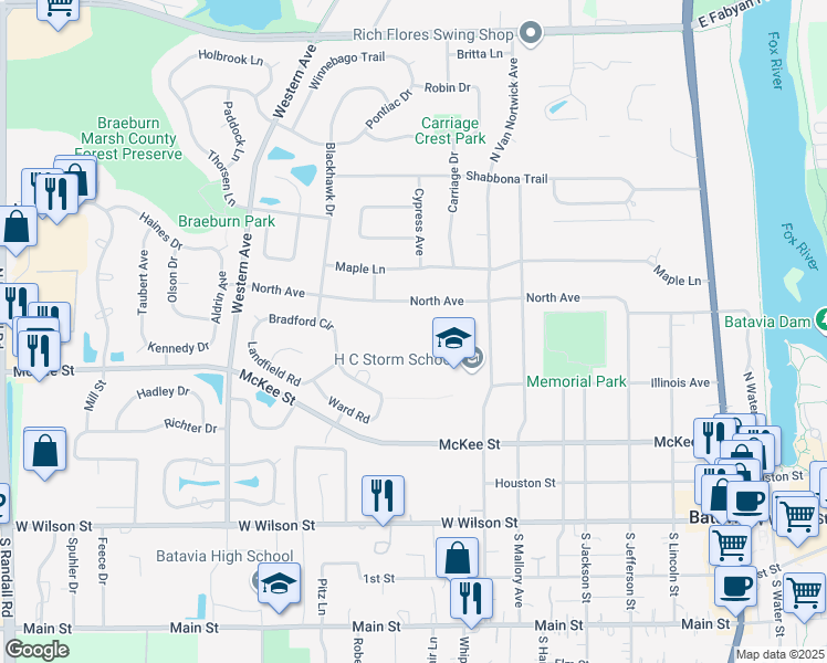 map of restaurants, bars, coffee shops, grocery stores, and more near 1050 Lorlyn Circle in Batavia