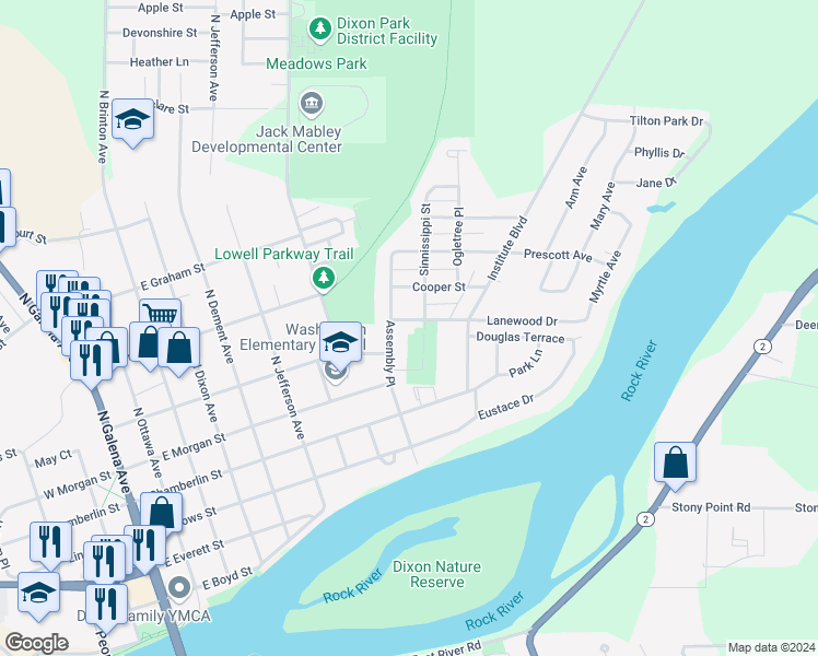 map of restaurants, bars, coffee shops, grocery stores, and more near 903 Academy Street in Dixon