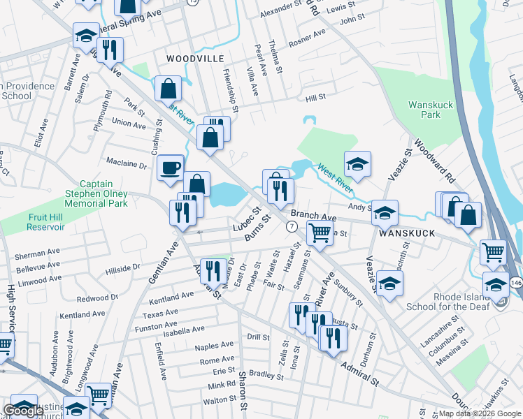 map of restaurants, bars, coffee shops, grocery stores, and more near 1081 Douglas Avenue in Providence