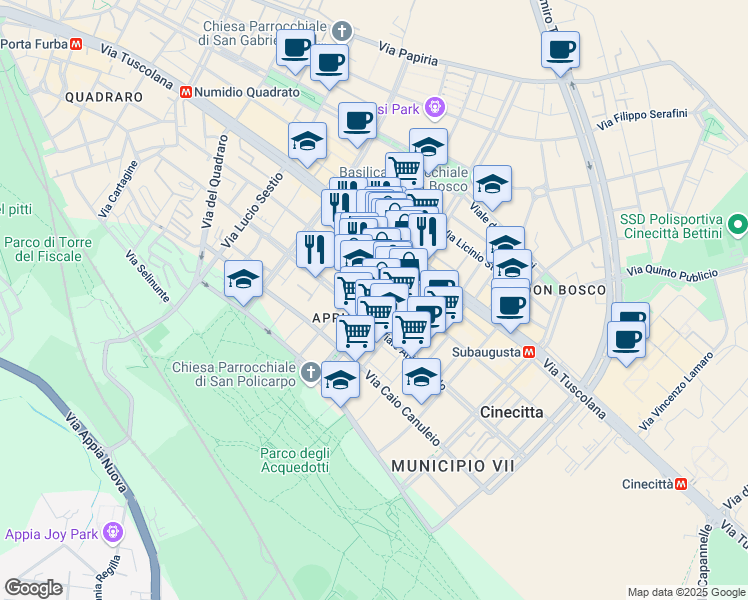 map of restaurants, bars, coffee shops, grocery stores, and more near 54 Viale Giulio Agricola in Roma