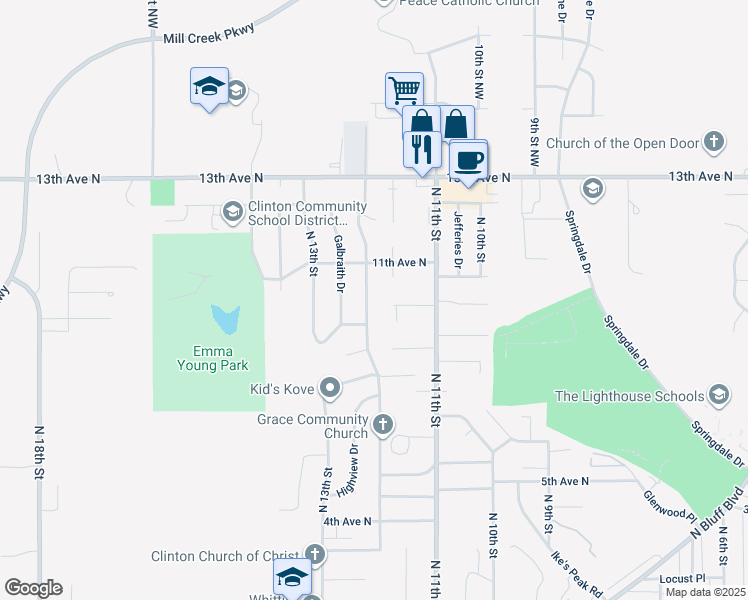 map of restaurants, bars, coffee shops, grocery stores, and more near 1036 North 12th Street in Clinton