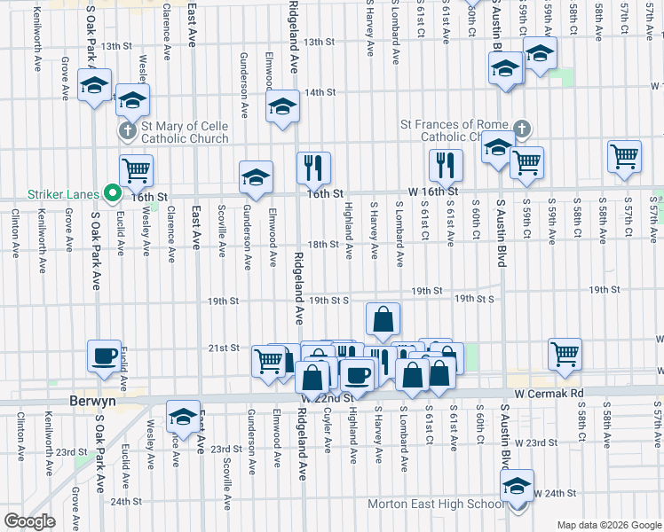 map of restaurants, bars, coffee shops, grocery stores, and more near 1804 Highland Avenue in Berwyn