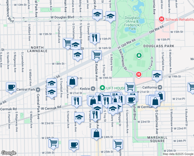 map of restaurants, bars, coffee shops, grocery stores, and more near S Kedzie Ave & W 19th St in Chicago