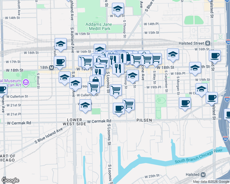 map of restaurants, bars, coffee shops, grocery stores, and more near 1329 West 19th Street in Chicago