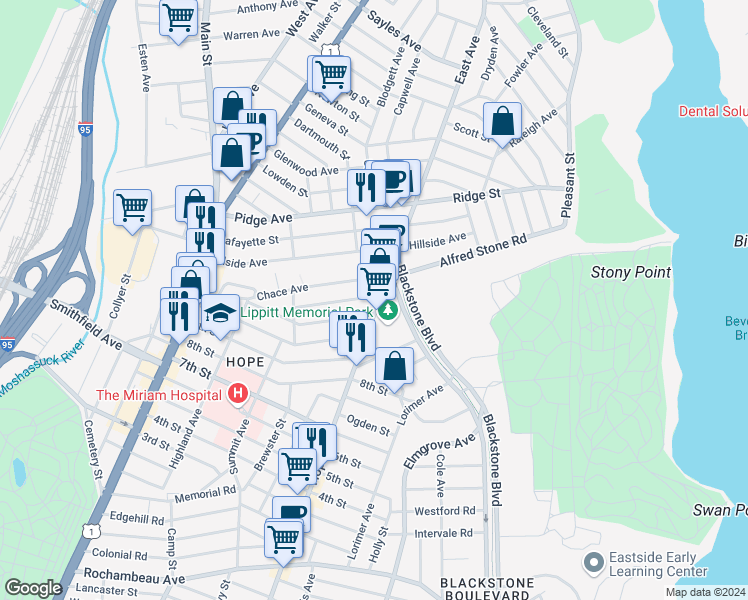 map of restaurants, bars, coffee shops, grocery stores, and more near 1032 Hope Street in Providence