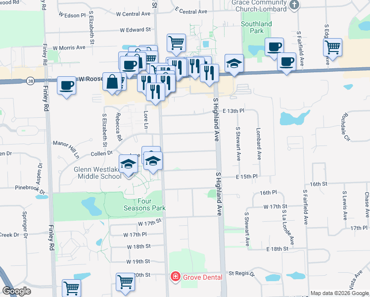 map of restaurants, bars, coffee shops, grocery stores, and more near 19 14th Street in Lombard