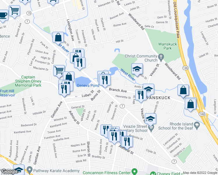 map of restaurants, bars, coffee shops, grocery stores, and more near 1015 Branch Avenue in Providence