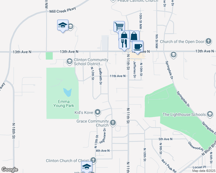 map of restaurants, bars, coffee shops, grocery stores, and more near 1036 North 12th Street in Clinton