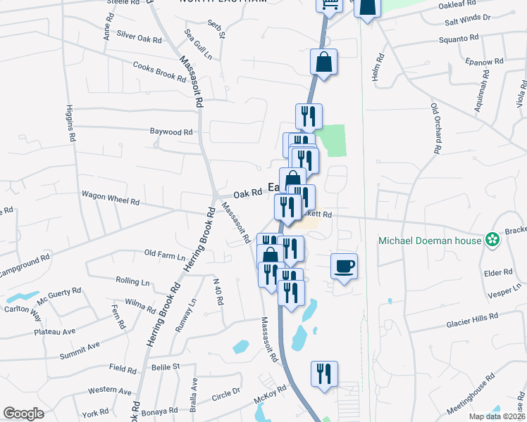 map of restaurants, bars, coffee shops, grocery stores, and more near 35 Oak Road in Eastham