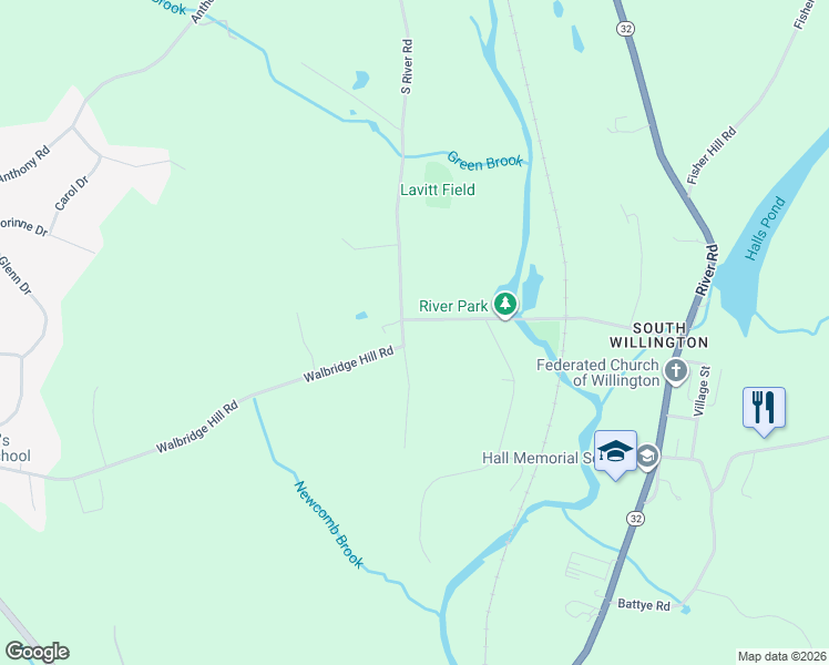 map of restaurants, bars, coffee shops, grocery stores, and more near 433 South River Road in Tolland