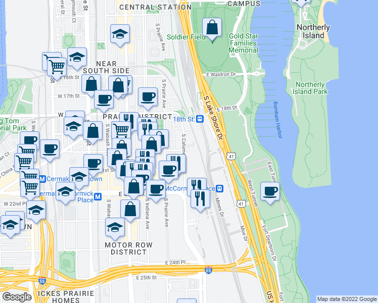 map of restaurants, bars, coffee shops, grocery stores, and more near 1843 South Calumet Avenue in Chicago