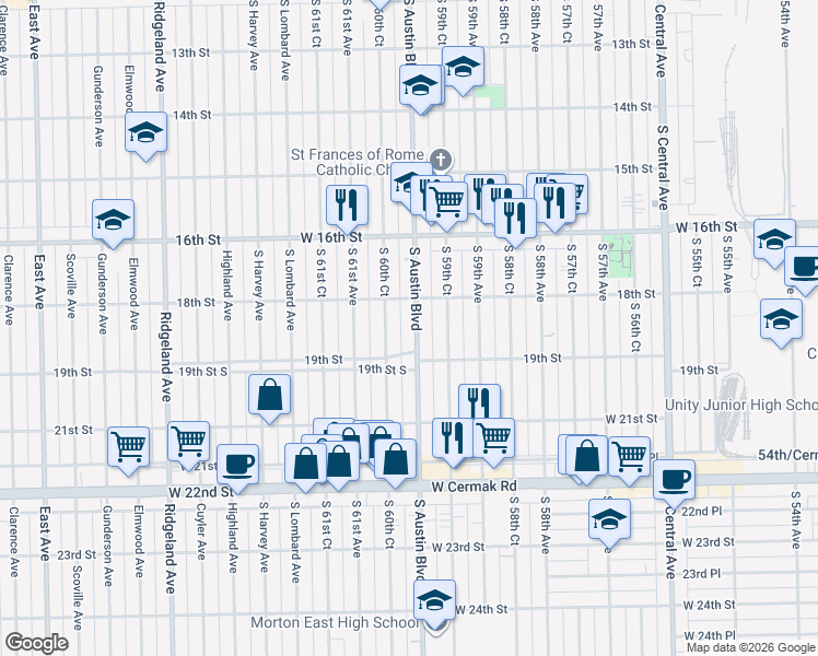 map of restaurants, bars, coffee shops, grocery stores, and more near 1820 South Austin Boulevard in Cicero