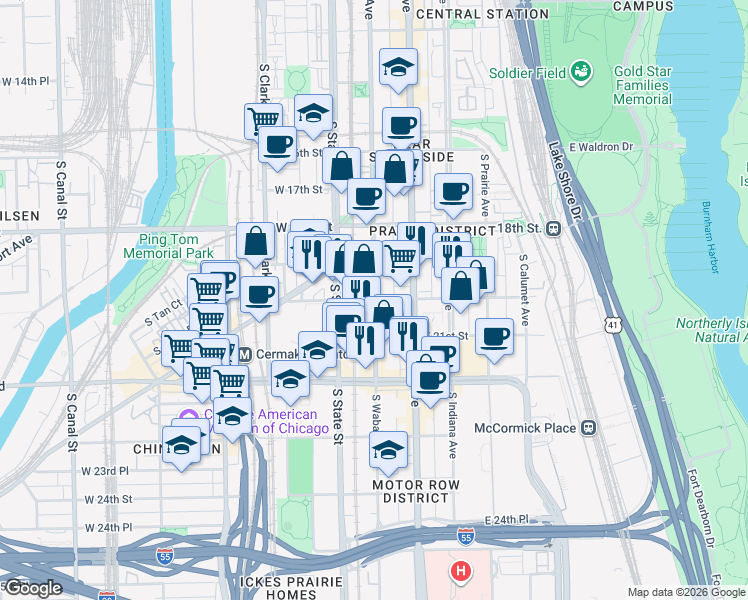 map of restaurants, bars, coffee shops, grocery stores, and more near S Wabash Ave & E Cullerton St in Chicago