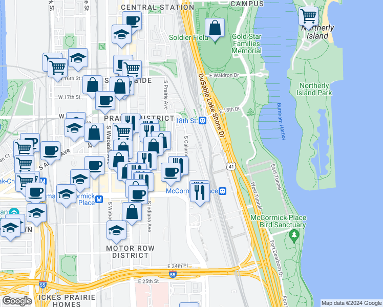map of restaurants, bars, coffee shops, grocery stores, and more near 1843 South Calumet Avenue in Chicago