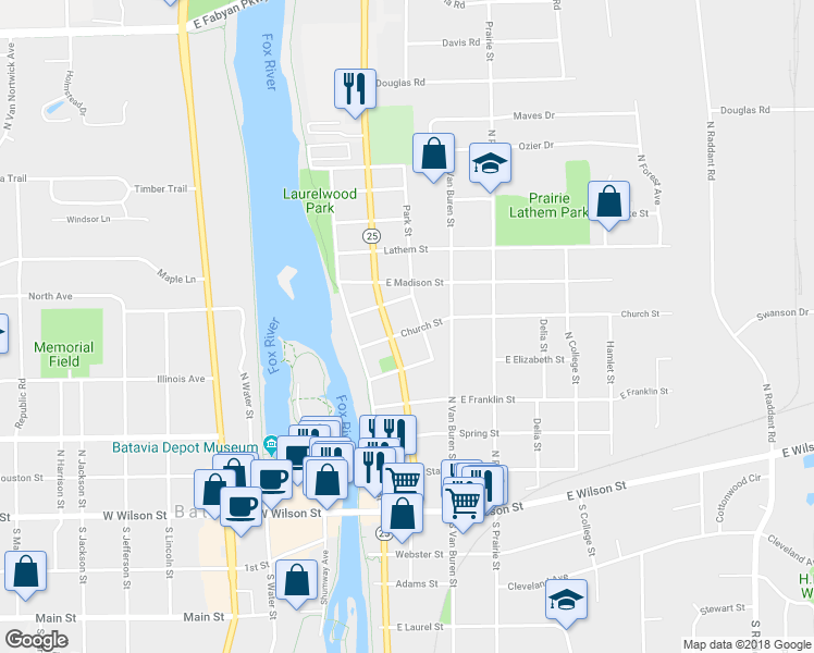 map of restaurants, bars, coffee shops, grocery stores, and more near 219 Church Street in Batavia