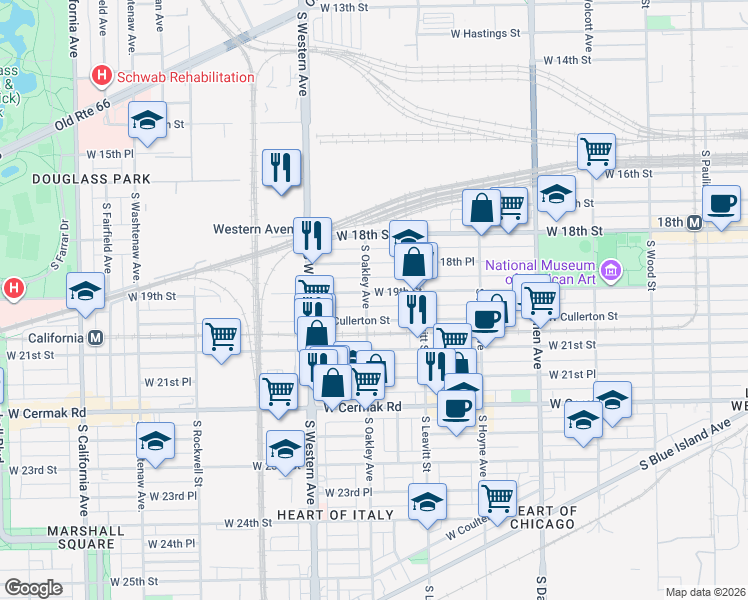 map of restaurants, bars, coffee shops, grocery stores, and more near 2240 West 19th Street in Chicago
