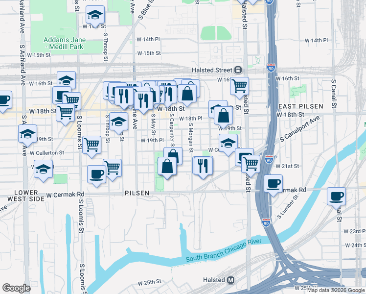map of restaurants, bars, coffee shops, grocery stores, and more near in Chicago
