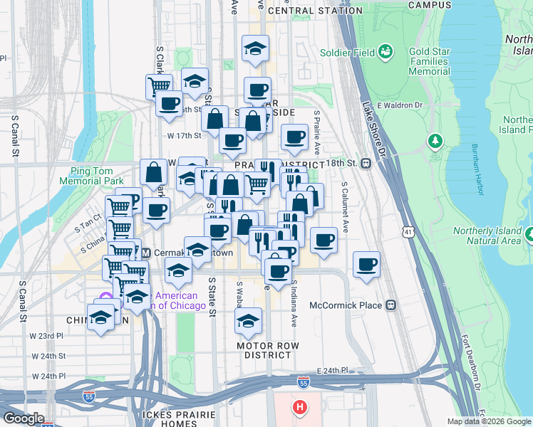 map of restaurants, bars, coffee shops, grocery stores, and more near S Michigan Ave & E Cullerton St in Chicago
