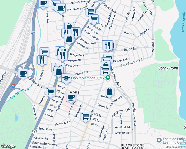 map of restaurants, bars, coffee shops, grocery stores, and more near in Providence