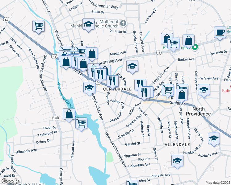 map of restaurants, bars, coffee shops, grocery stores, and more near in North Providence