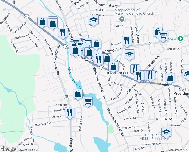 map of restaurants, bars, coffee shops, grocery stores, and more near 645 Woonasquatucket Avenue in North Providence