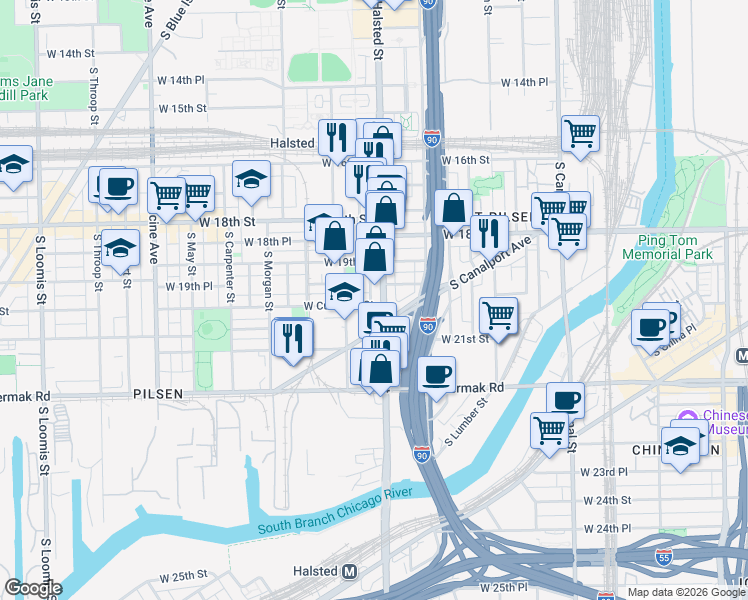 map of restaurants, bars, coffee shops, grocery stores, and more near in Chicago