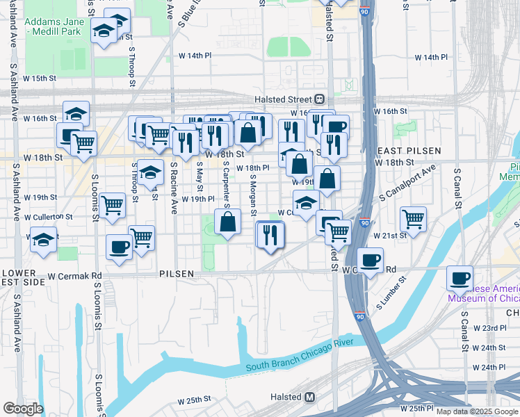 map of restaurants, bars, coffee shops, grocery stores, and more near 1922 South Shelby Court in Chicago