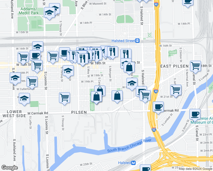 map of restaurants, bars, coffee shops, grocery stores, and more near 1920 South Miller Street in Chicago