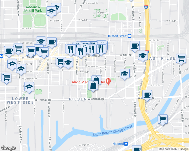 map of restaurants, bars, coffee shops, grocery stores, and more near 1120 West 19th Place in Chicago
