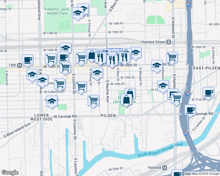 map of restaurants, bars, coffee shops, grocery stores, and more near 1160 West 19th Place in Chicago